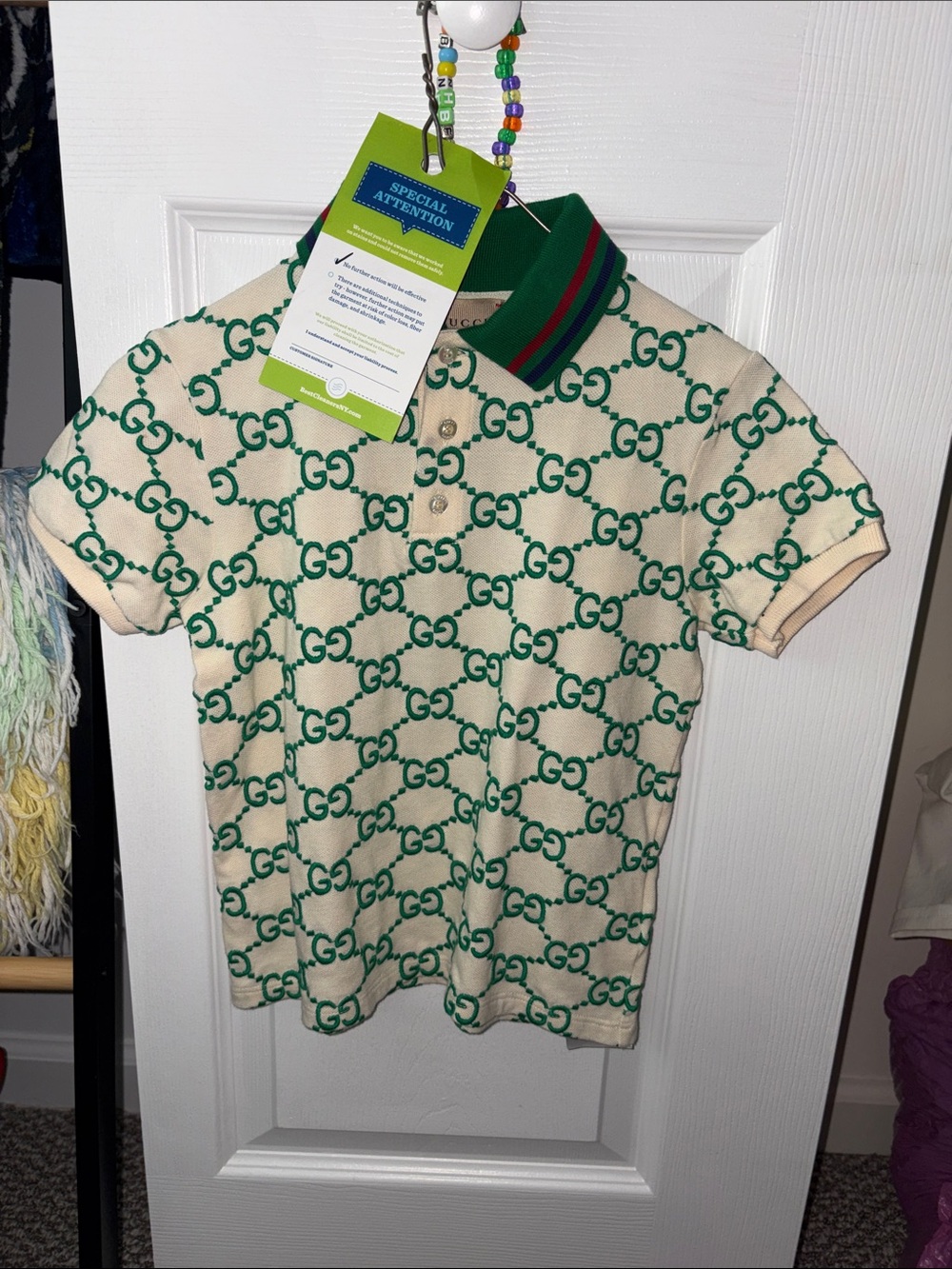 Gucci Kids Cream Polo with Green GG Logo and Green-Red Collar